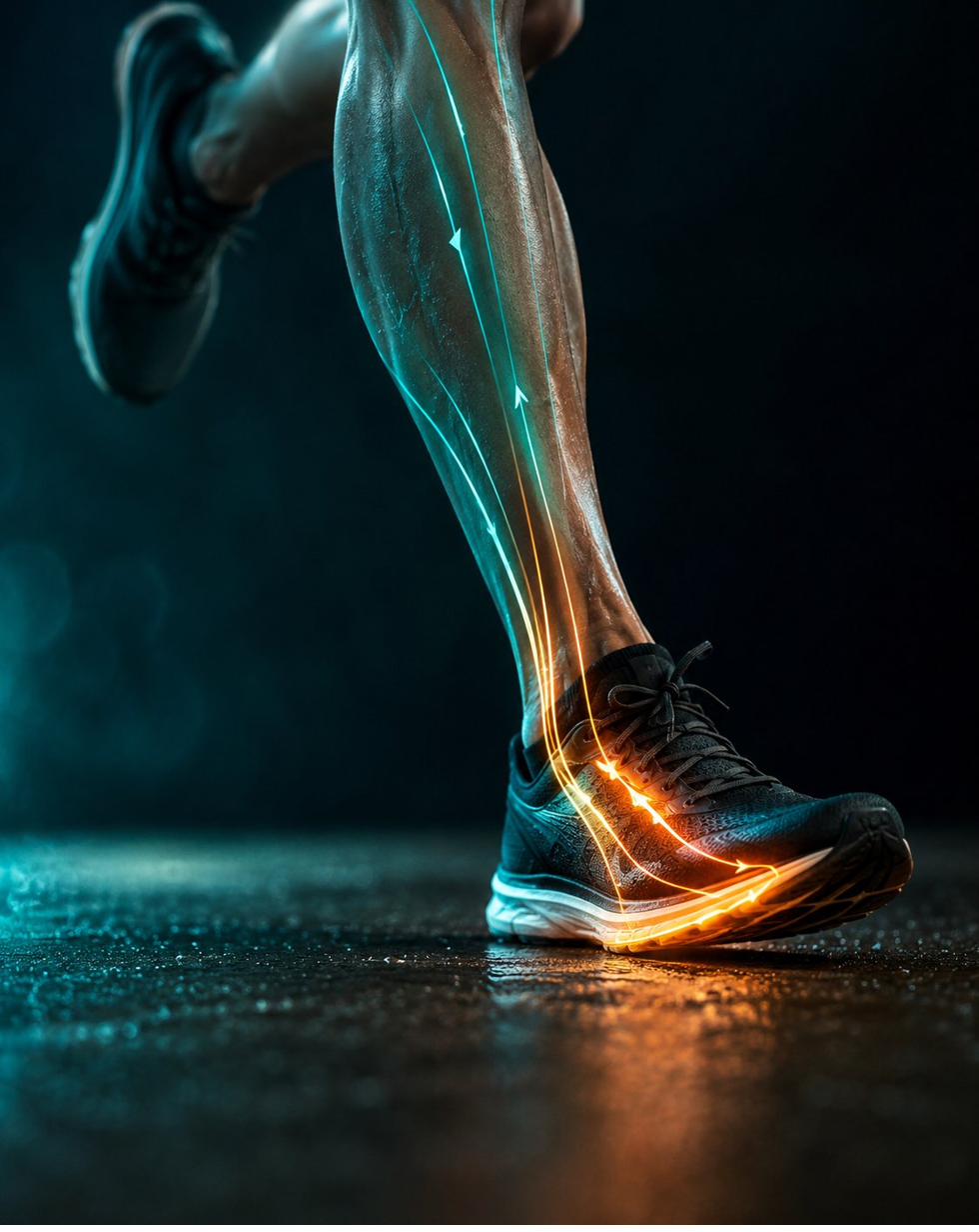 Biomecánica del pie en el deporte — líneas de fuerza en corredor