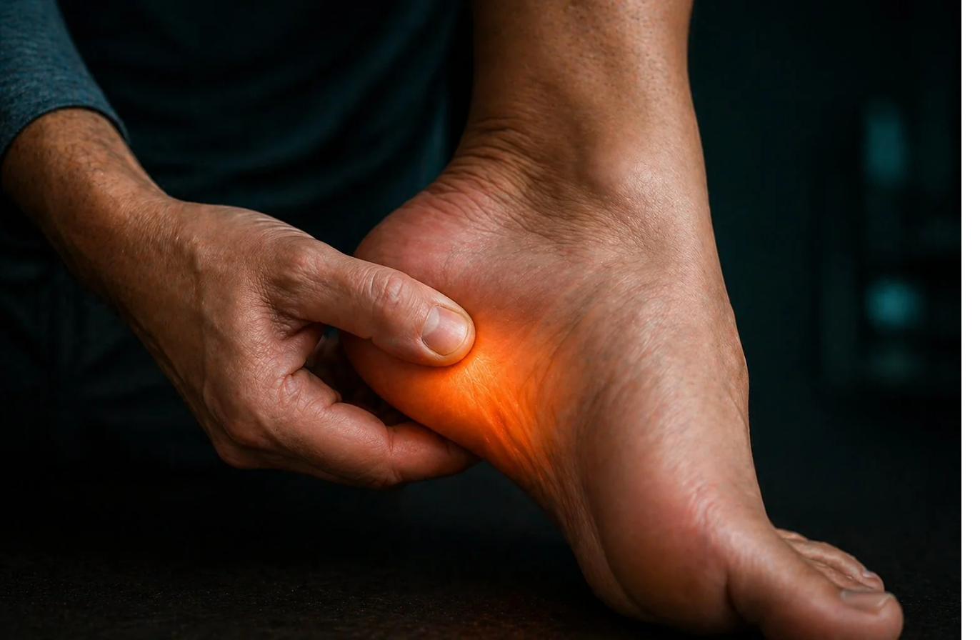 Pulgar presionando punto doloroso en el arco del pie con glow naranja de dolor