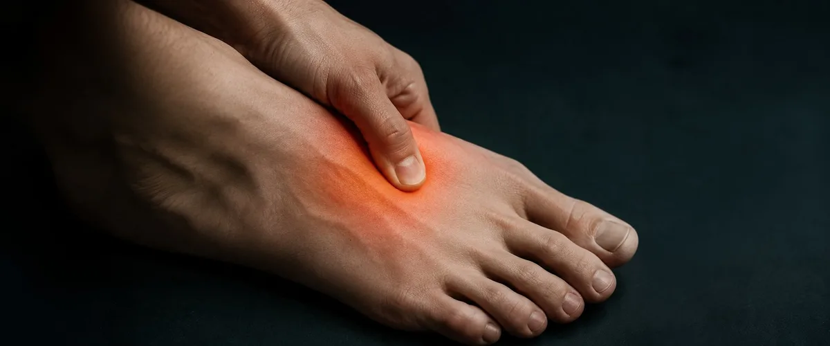 Mano presionando punto doloroso en el empeine del pie con glow naranja de dolor