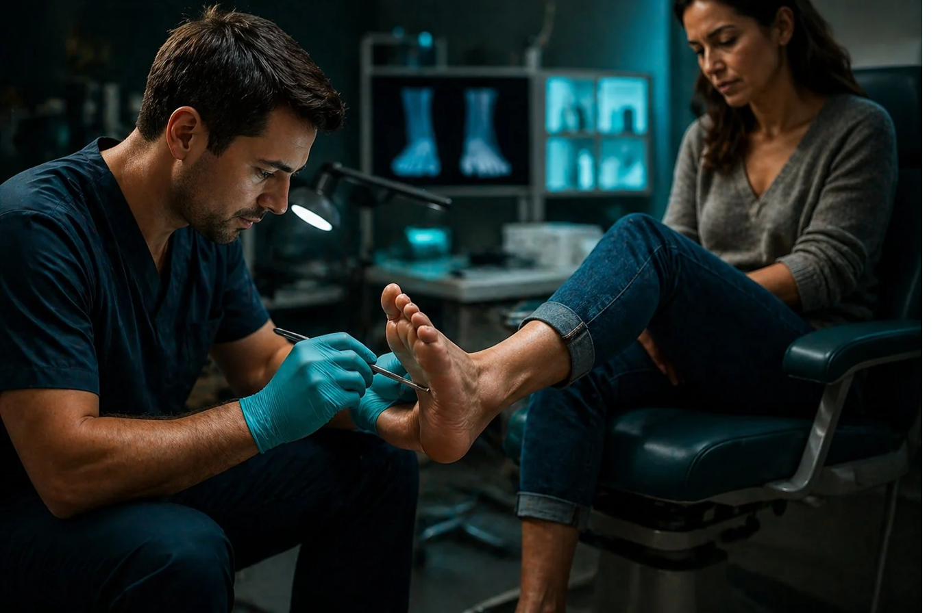 Podólogo con guantes teal examinando el pie de una paciente con radiografías al fondo
