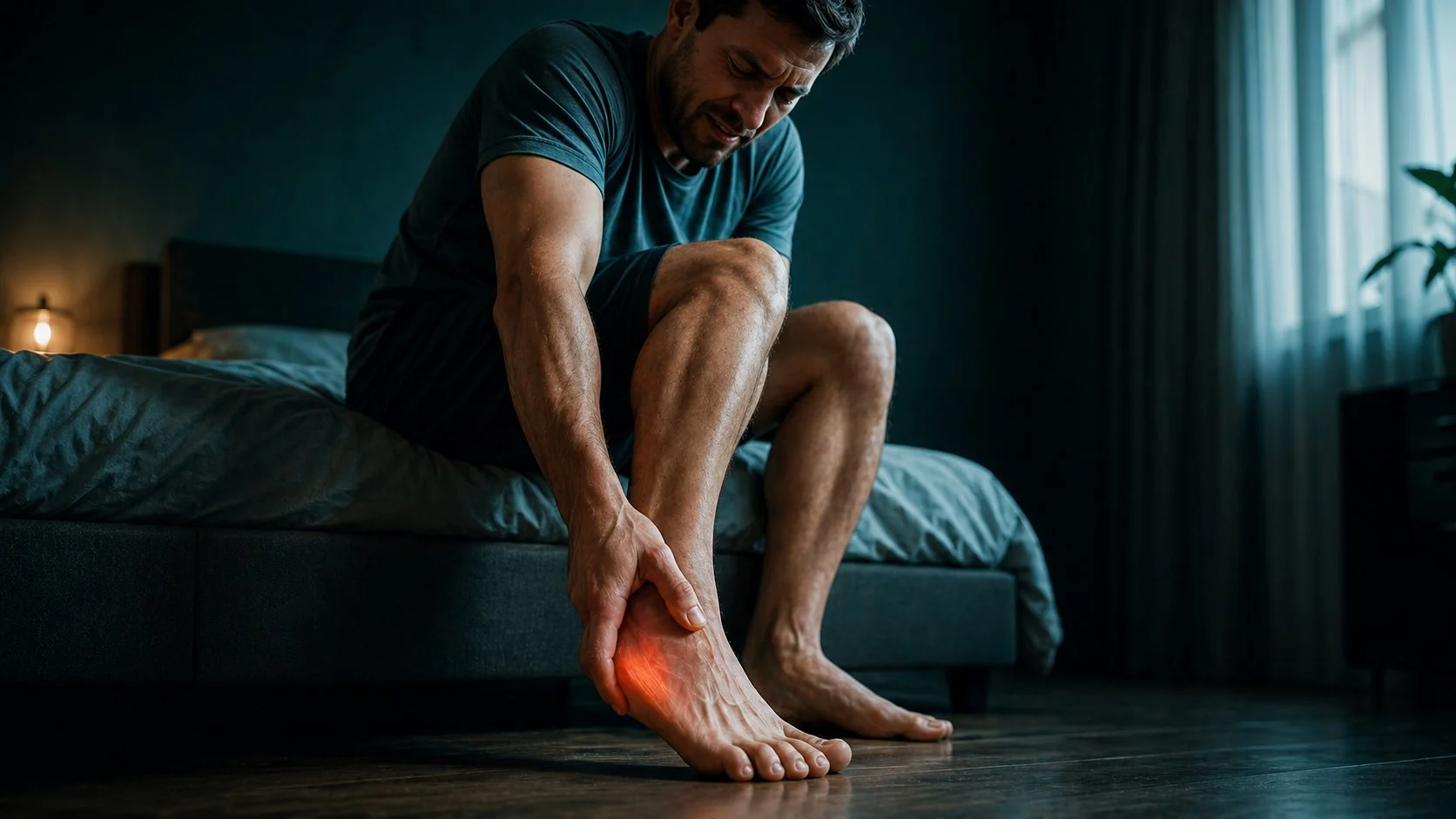 Hombre sentado en el borde de la cama agarrando el talón con dolor — fascitis plantar al levantarse
