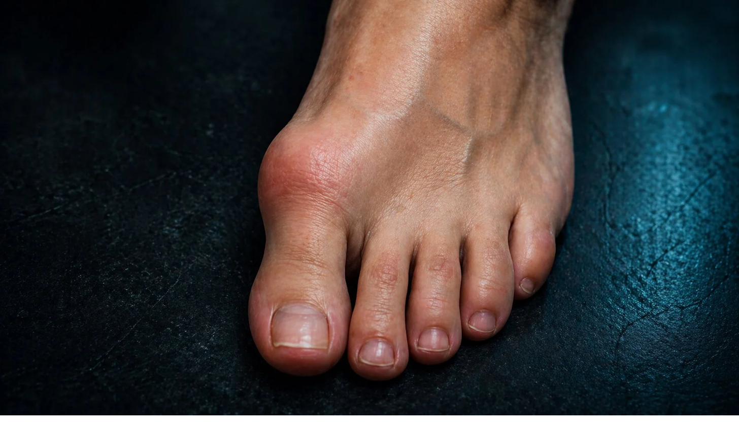 Pie con juanete visible, prominencia medial enrojecida en el primer dedo — hallux valgus