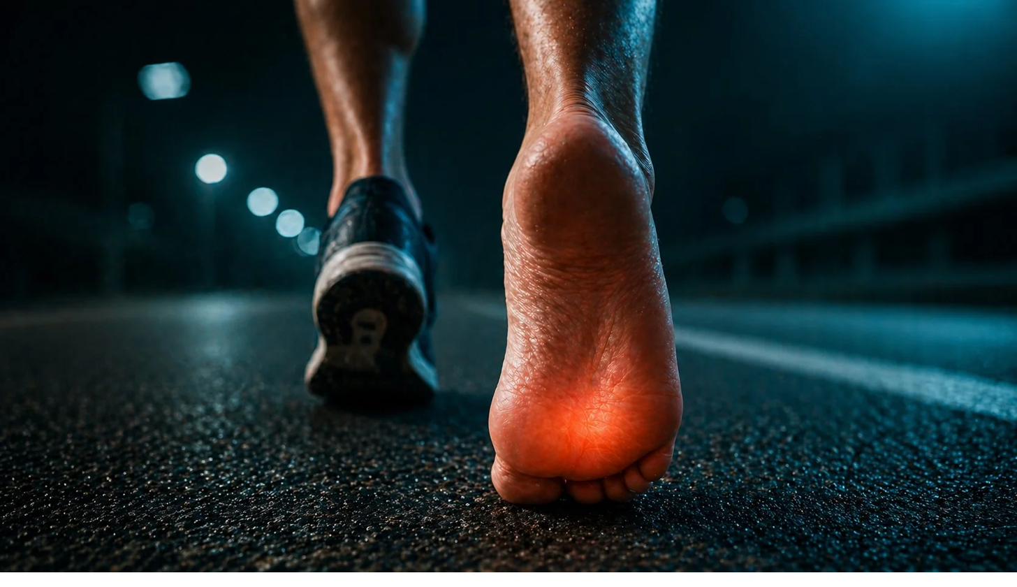 Pie de corredor en asfalto nocturno con punto de dolor en la planta — metatarsalgia