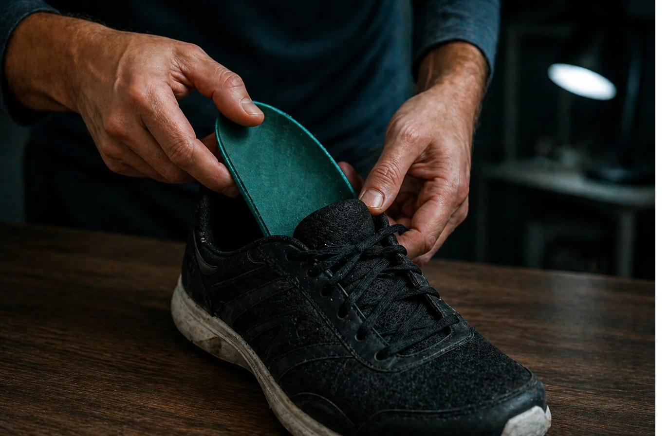 Manos colocando una plantilla ortopédica verde dentro de una zapatilla deportiva negra