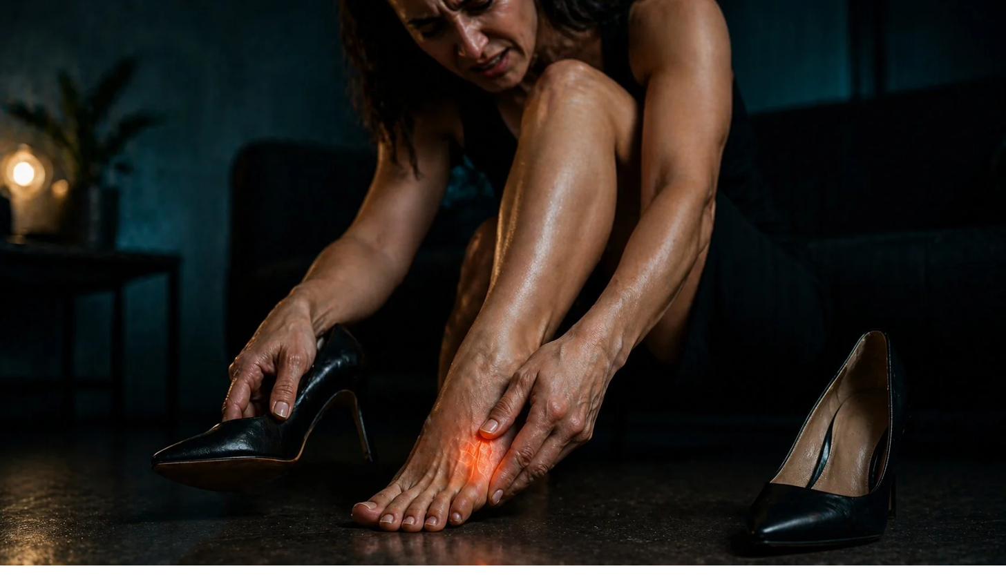 Mujer quitándose zapatos de tacón con dolor en el antepié — neuroma de Morton