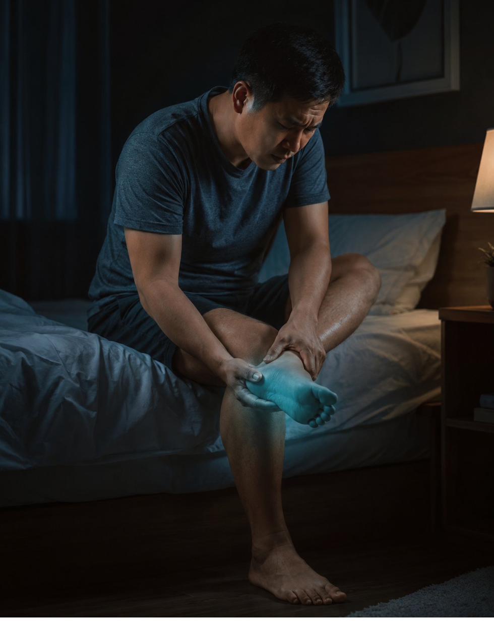 Hombre sentado en la cama por la noche sujetando el pie dormido con entumecimiento visible