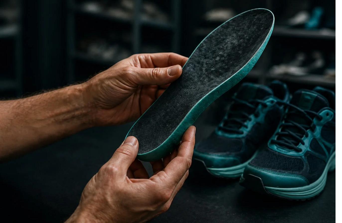 Manos sosteniendo una plantilla ortopédica verde junto a zapatillas deportivas