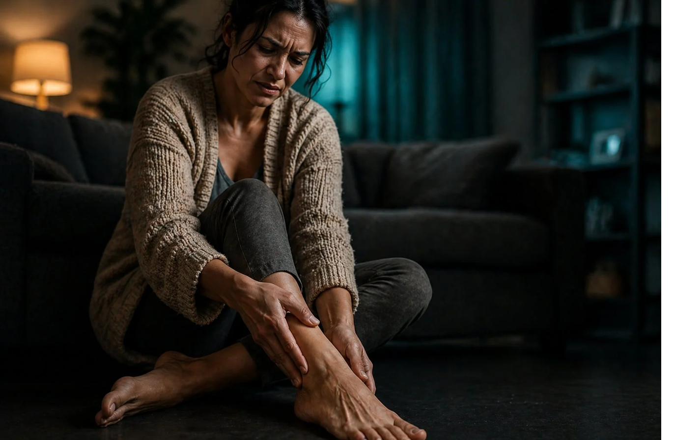 Mujer sentada en el suelo masajeando sus pies doloridos al final del día
