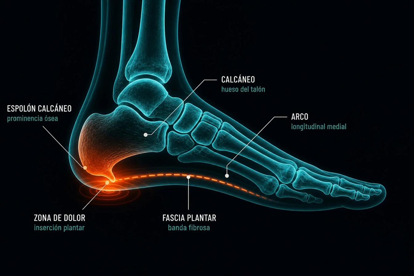 Diagrama clínico del espolón calcáneo: prominencia ósea en el calcáneo, zona de dolor en la inserción plantar, fascia plantar y arco longitudinal medial