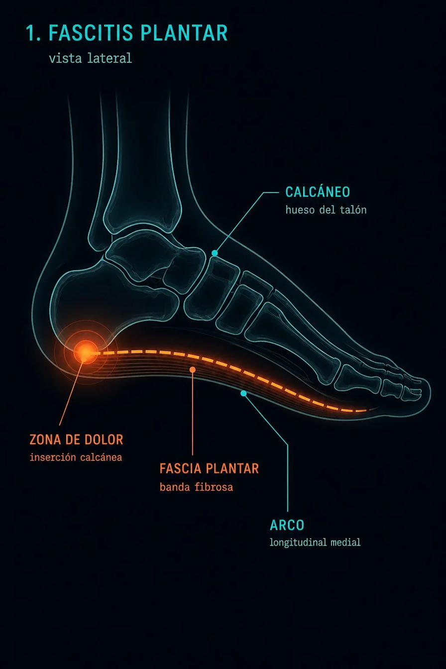 Diagrama clínico de fascitis plantar: fascia plantar y zona de dolor en inserción calcánea