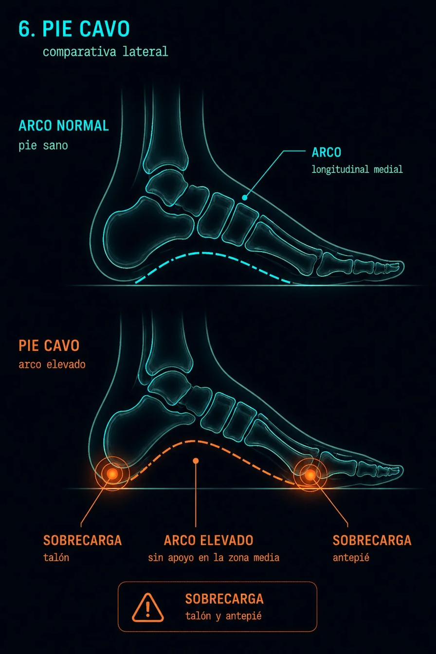 Comparativa lateral pie normal versus pie cavo con arco muy elevado y sobrecarga en talón y antepié