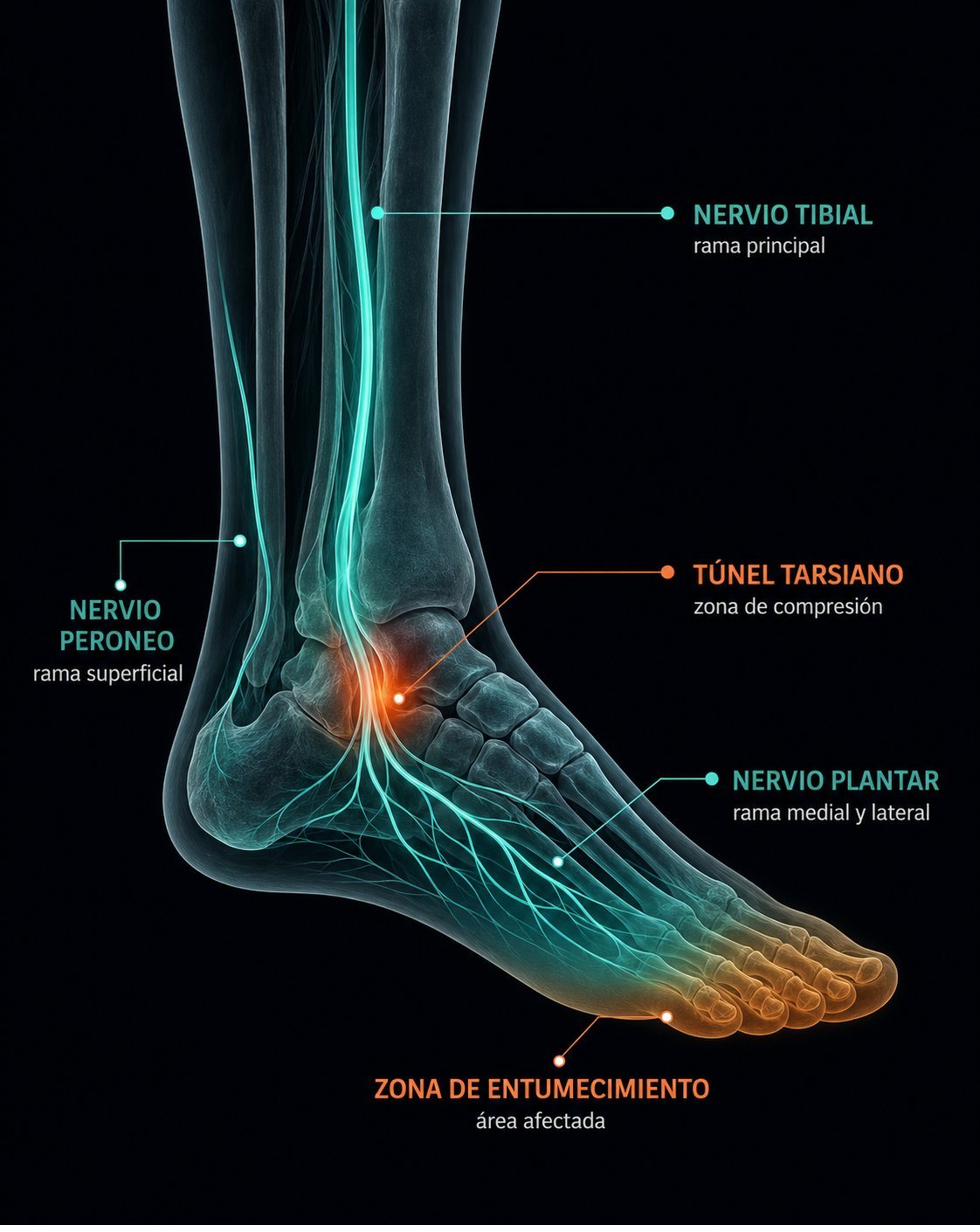 Diagrama anatómico de los nervios del pie — nervio tibial, túnel tarsiano, nervio plantar y zona de entumecimiento