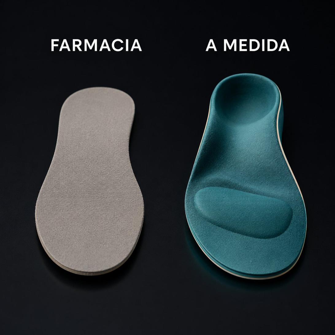 Comparativa visual entre plantilla de farmacia (plana, sin estructura) y plantilla ortopédica a medida (con copa de talón, soporte de arco y bóveda metatarsal)