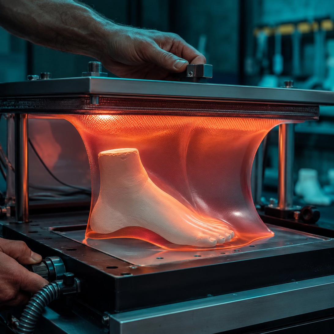 Proceso de termoconformado de plantilla ortopédica — lámina de polipropileno caliente moldeándose sobre molde de escayola en máquina de vacío