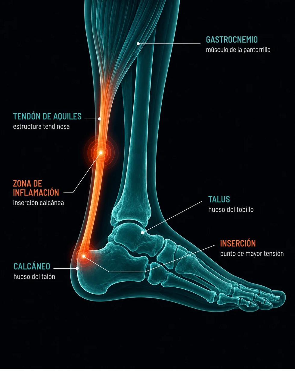 Diagrama clínico de tendinitis de Aquiles: tendón inflamado con zona de dolor naranja en la inserción calcánea y a lo largo del recorrido tendinoso