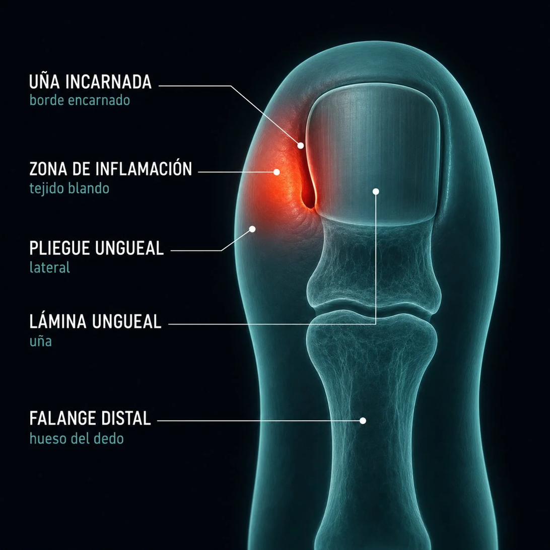 Diagrama clínico de uña incarnada: borde de la uña penetrando en el pliegue ungueal lateral con zona de inflamación naranja